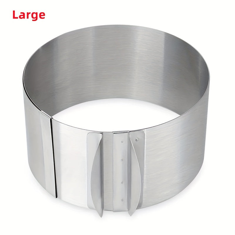 Adjustable stainless steel cake ring mold for baking round cakes and creating retractable mousse cakes, complete with circle baking tools.