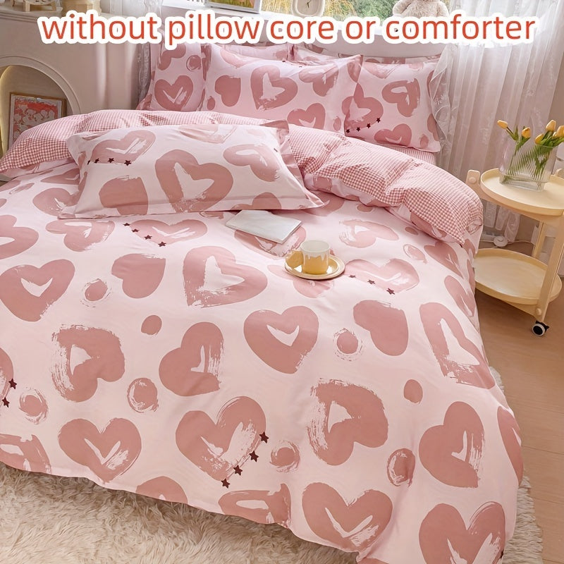 4-piece Pink Heart Print Valentine's Day Duvet Cover Set, includes Duvet Cover, Flat Sheet, and 2 Pillowcases. Skin-friendly and suitable for all seasons. Perfect for bedroom or guest room.