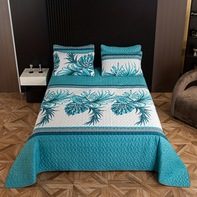 Tropical Palm Print Bedspread Set with 3 Pieces and 2 Pillowcases - Reversible Design (Core not included) - Made of Ultra Soft, Breathable, Moisture-Wicking Polyester Fabric - Ideal for Hotel, Guest Room, and Bedroom Decor