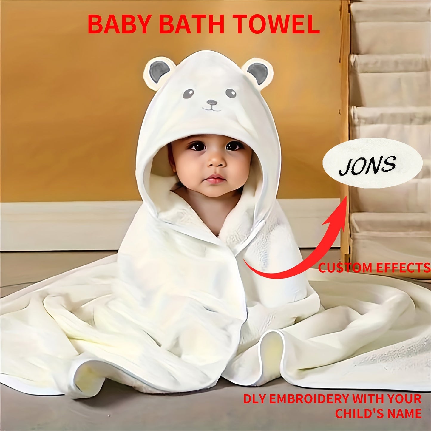 Soft and luxurious custom embroidered bath towel for youngsters made from ultra-fine polyester. Personalized with your child's name, making it a perfect gift. Comes in khaki, light brown, gray, white, and green. Ideal for kids and gifting.