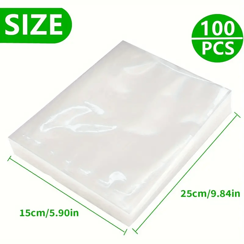 100 BPA-Free Vacuum Sealer Bags, designed for commercial use and embossed to lock in freshness. Ideal for Sous Vide cooking, meal prep, and storage.