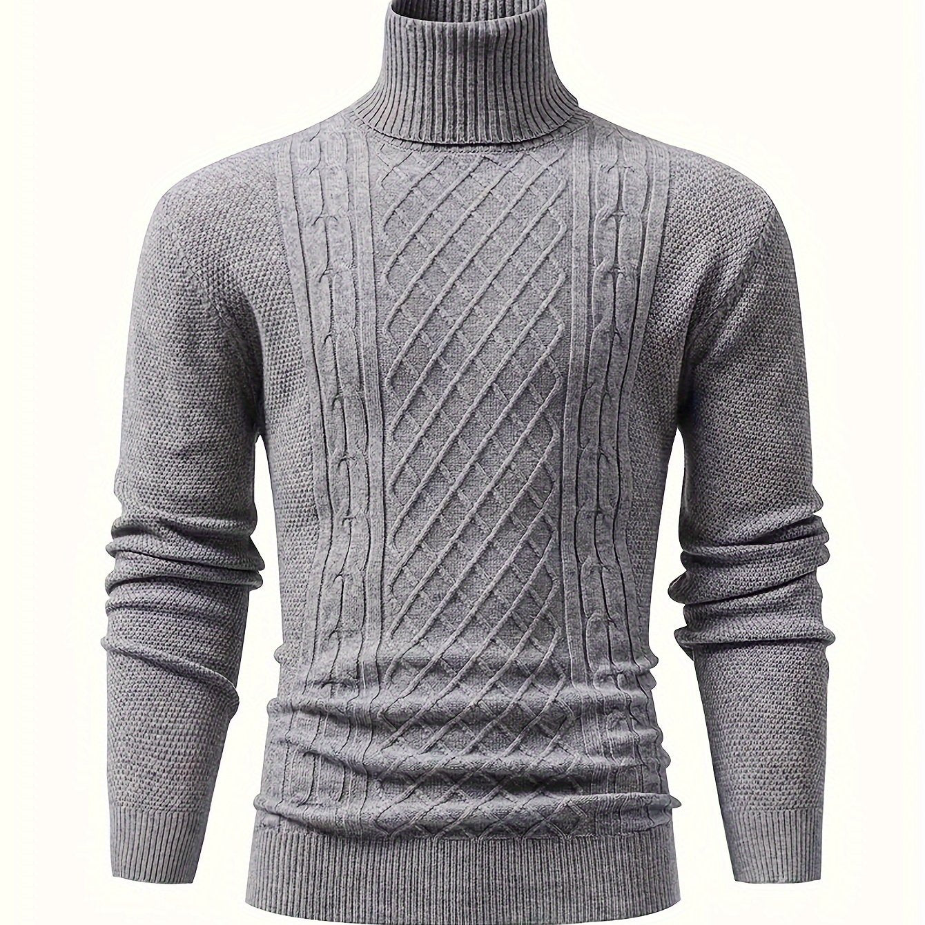 Men's cable knit turtleneck sweater for fall/winter, warm and stretchy pullover with solid color, long sleeves, blend fabric.