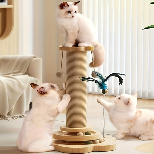 Durable pet climbing frame with sisal scratching post, vertical scratching board, and teasing wand - high-quality cat toy in various feather colors.