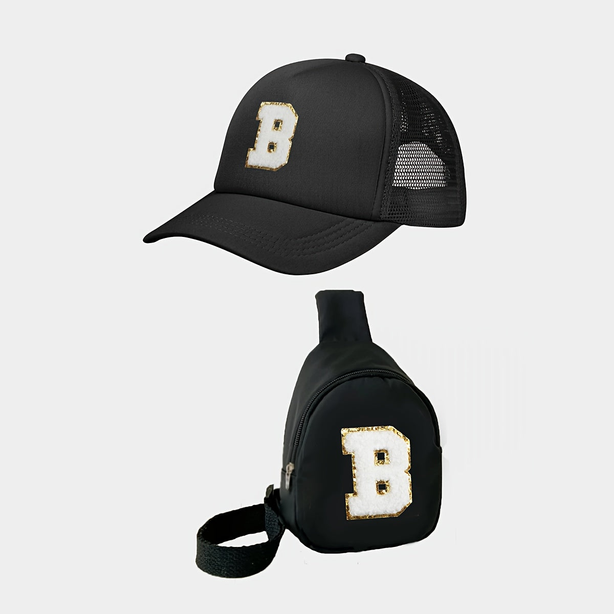 Children's Alphabet Baseball Cap and Shoulder Bag Set made of polyester material with a breathable, season-neutral design. Features a fitted cap with a buckle closure suitable for daily and