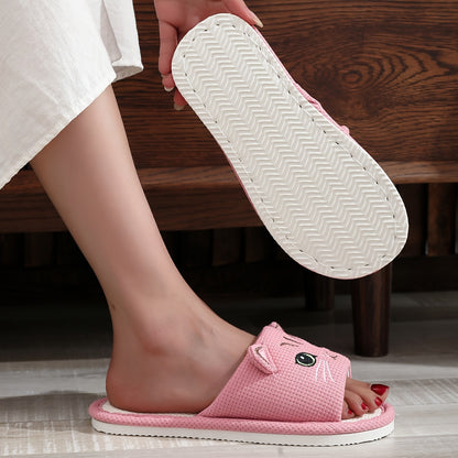 Cartoon home slippers with soft linen sole, lightweight and breathable.