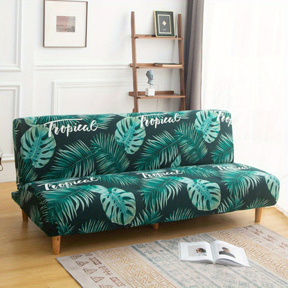 Printed armless futon slipcover to protect furniture in a bedroom, office, or living room.