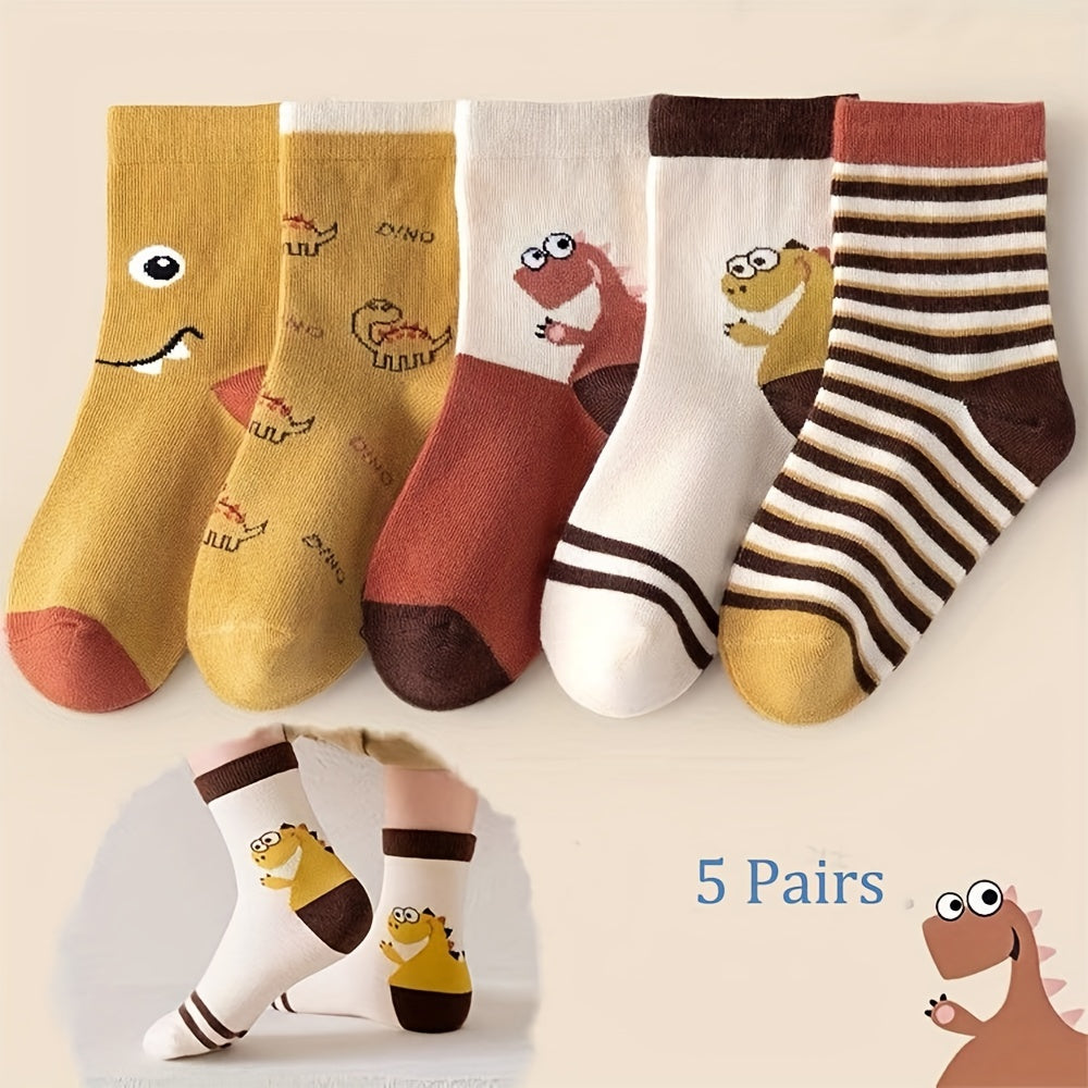 Five pairs of boys' cartoon little dinosaur socks for autumn and winter, featuring fashion color block design.