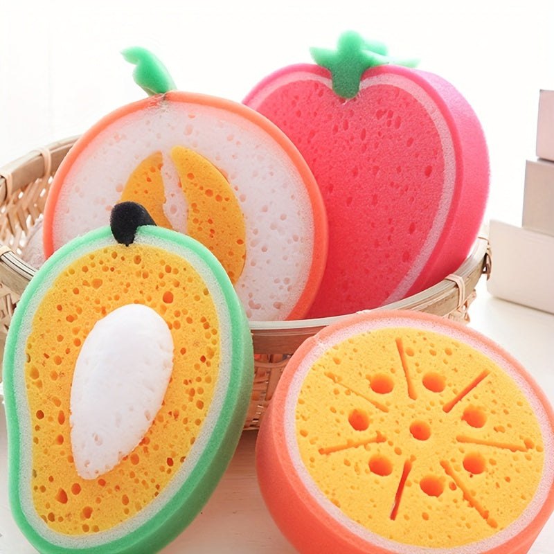 Thickened sponge scouring pad set with 4 fruit-inspired designs for multi-functional decontamination cleaning and dishwashing tasks.