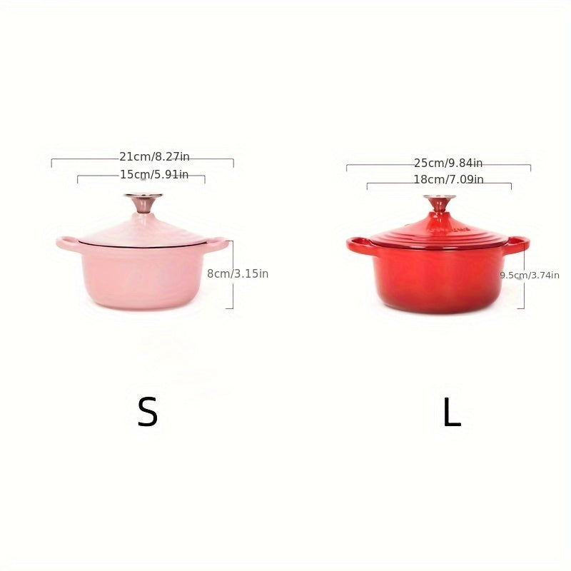 Enameled cast iron health pot, versatile for cooking rice and other dishes on induction, ceramic, electric, halogen, and gas cooktops. Comes in two sizes: 30.4oz and 60.8oz. Boasts enamel non-stick coating for easy cleaning.