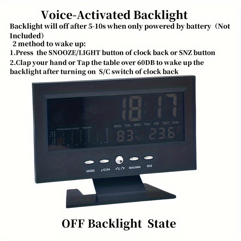 Voice controlled digital weather clock with backlight, temperature, humidity, and weather forecast. Includes USB cable, battery not included.