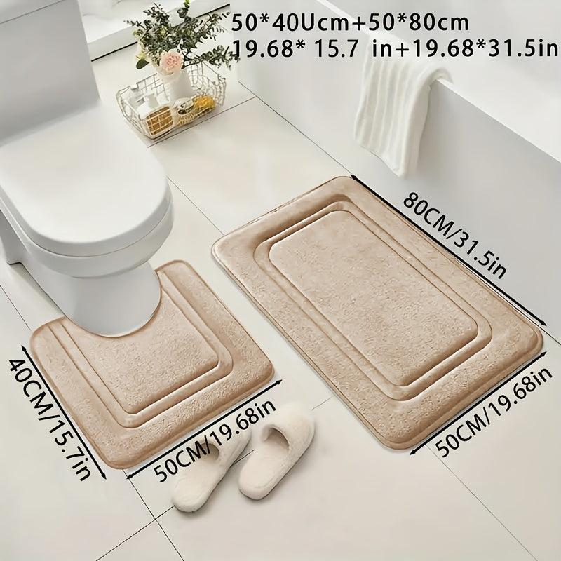 Two coral fleece bath mats, absorbent and non-slip, made from soft polyester knit fabric, 530gsm, 1.3cm thick, suitable for tub, shower, and bathroom decor.