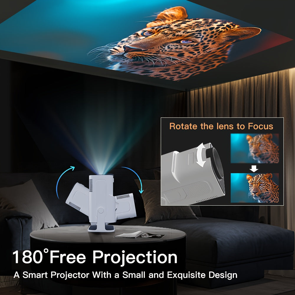 Adventure-ready 1080P projector with Android TV 11, auto-horizontal correction, and 180° rotation. Ideal for camping and movie nights.