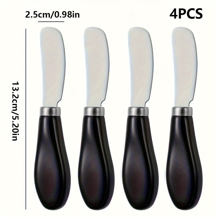 Stainless steel cheese knife set with ceramic handles for spreading butter, jam, cream, and cutting bread or cake.