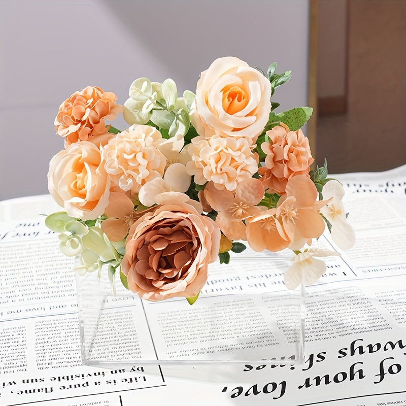 1pc Elegant Artificial Rose and Peony Bouquet - Ideal for Weddings, Parties, Home Decor | Multi-Room Display, Vase Not Included | Plastic Flowers in Pink, Orange, Beige, White