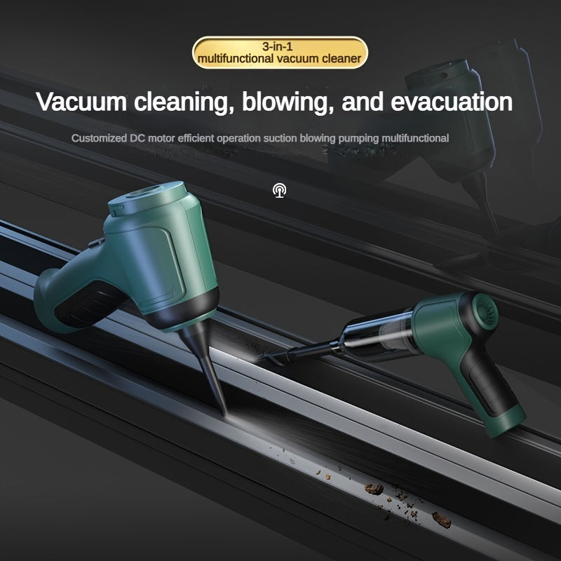 A versatile wireless vacuum cleaner with high power for suction, air extraction, and blowing in both car and home. Extended battery life, includes various accessories for dust and debris