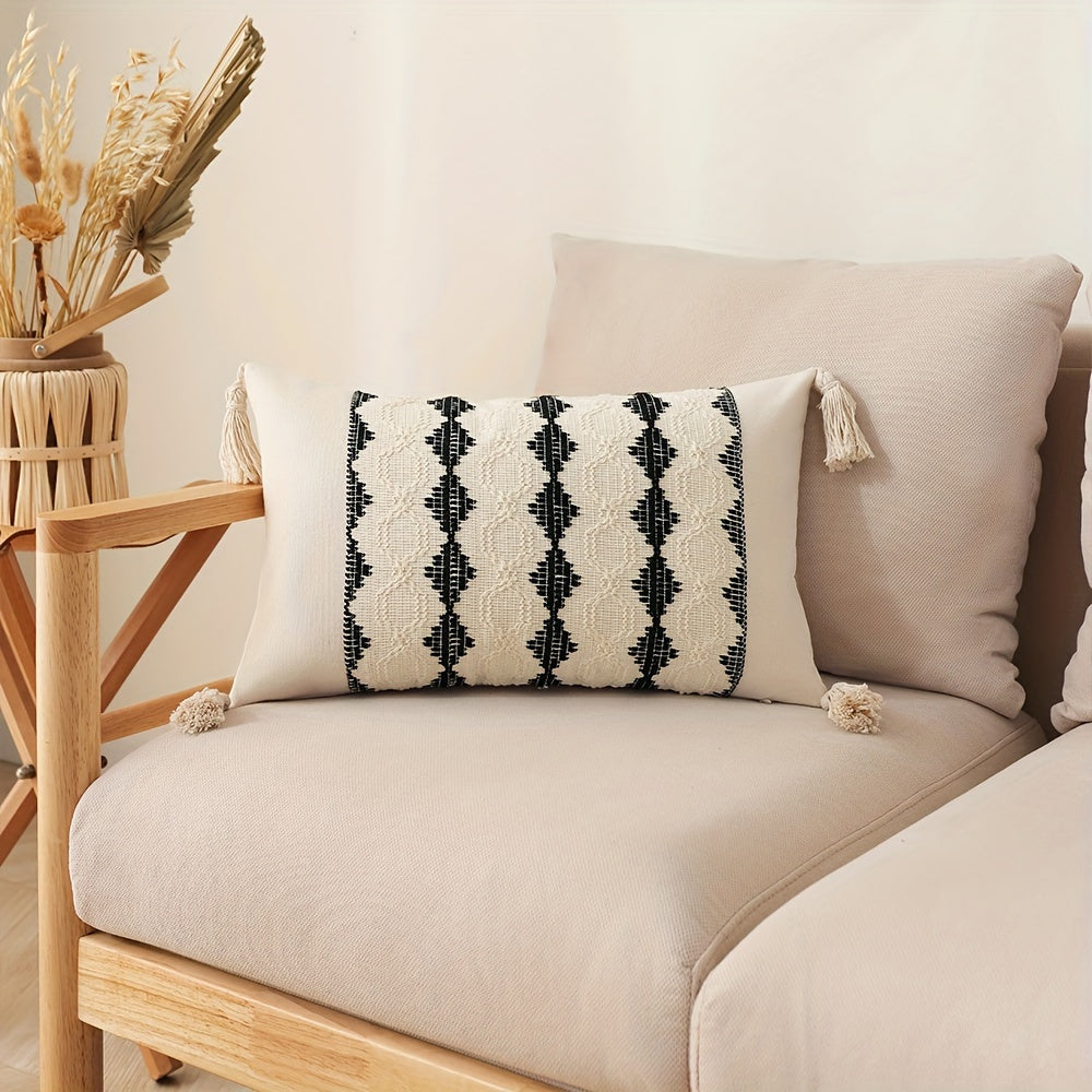 One piece Bohemian Chic Fringe Pillow Cover with Geometric Pattern in Orange, Beige & White. Made from Stain-Resistant Polyester with Zippered Square/Rectangular Cushion Case for Living Room Sofa Decor. Machine Washable, perfect for Throw Pillows on