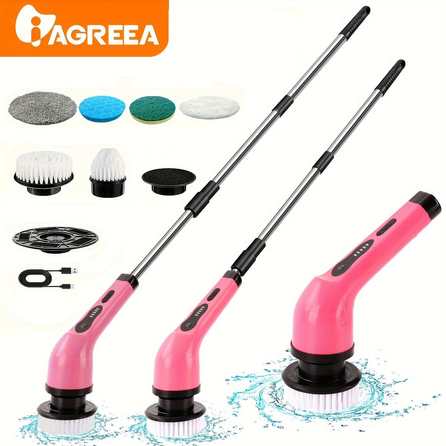 IAGREEA Electric Rotating Scrubber comes with 9/6 Replaceable Brush Heads, Adjustable Speed, Extendable Handle, USB Rechargeable 2000mAh Lithium Battery, Power Indicator, perfect for Home/Office Cleaning, Great as a Gift Option.