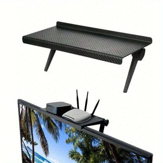 Adjustable TV screen top shelf for desktop storage with painted finish and ABS material.