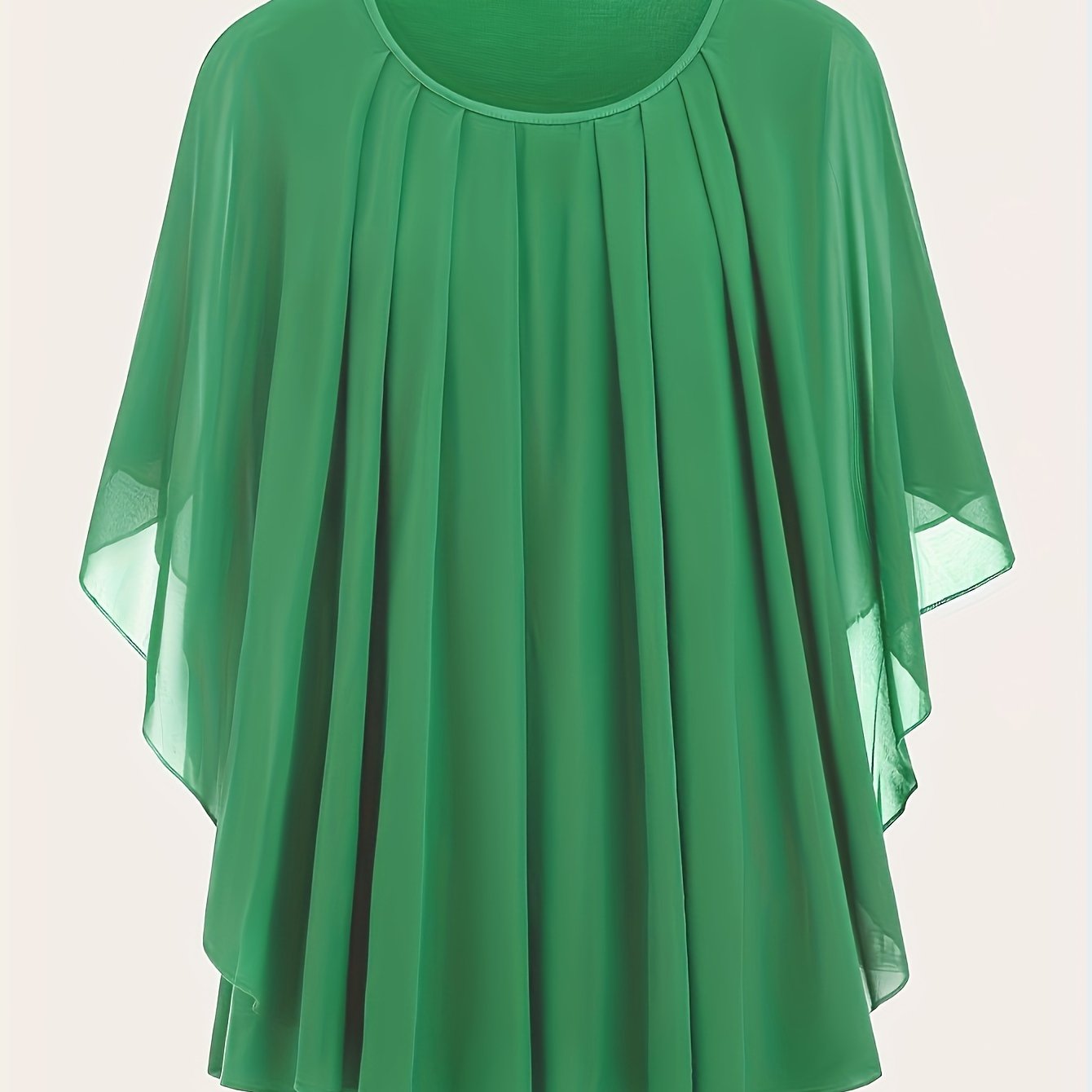 Solid pleated top with crew neck and batwing sleeves, perfect for spring and summer in plus sizes.