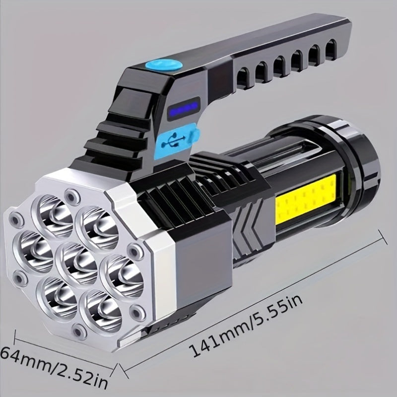 WUZHISHANG High Power LED Flashlight with USB rechargeable lithium battery, 4 brightness levels, and USB cable.