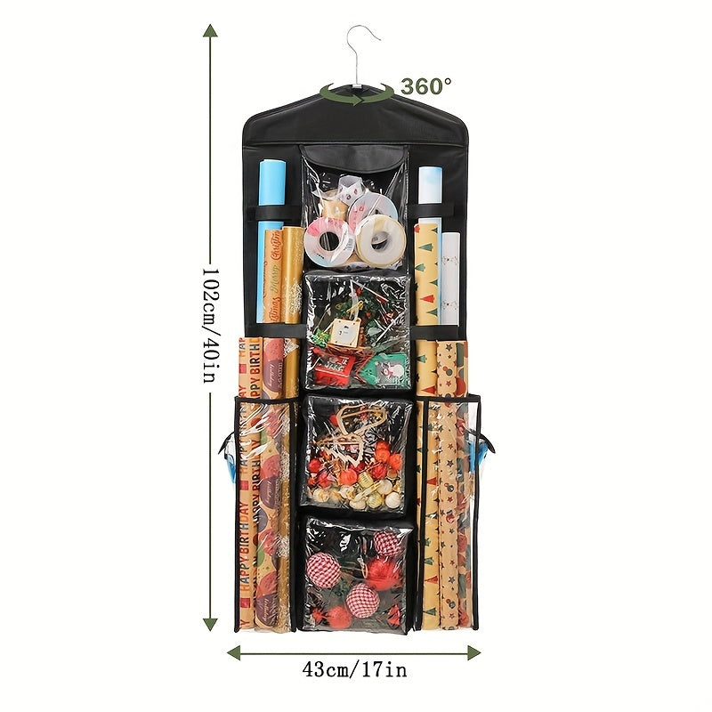 Organize your gift wrapping essentials with our Double-Sided Hanging Wrapping Paper Organizer featuring Multiple Pockets - Great for storing Gift Wrap, Bows & Ribbons