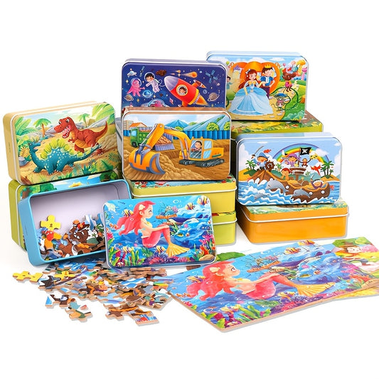 Wooden jigsaw puzzles set with 4-in-1 mixed color themed tin box, 60 pieces, educational toys for preschool learning, festive gift - assorted designs.