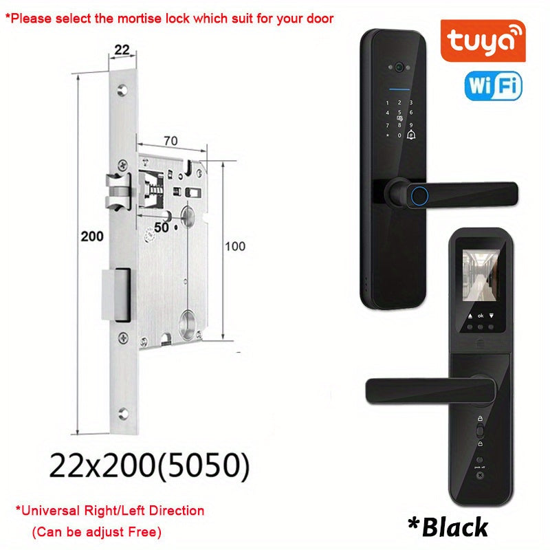 Smart door lock with biometric camera, fingerprint, smart card, password, and key unlock.