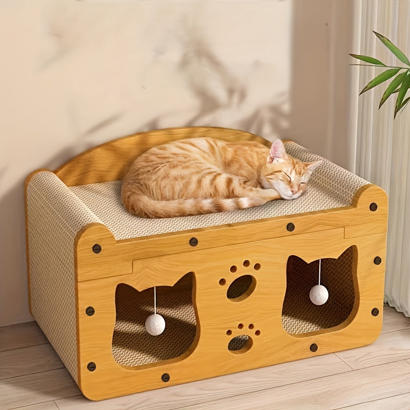 Durable 2-in-1 cat scratcher and lounge bed made from cardboard with hanging toys for interactive play.