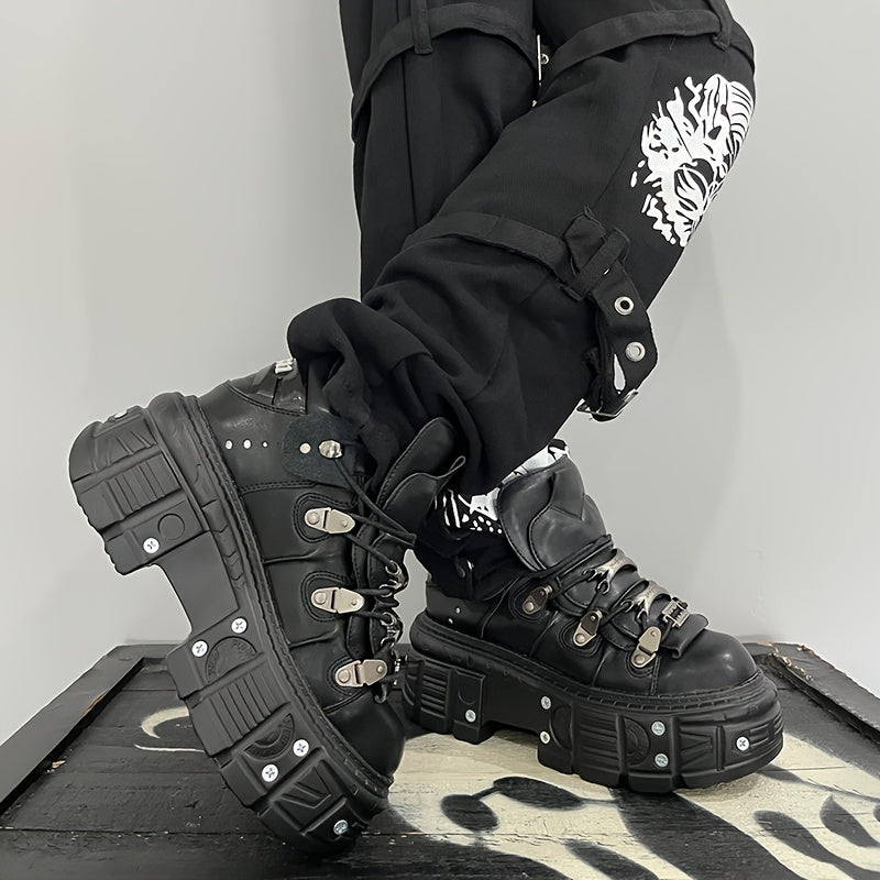 Women's gothic black high-top sneakers with platform heel, round toe, lace-up closure, non-slip sole, metal decoration, and thick high heel sole.