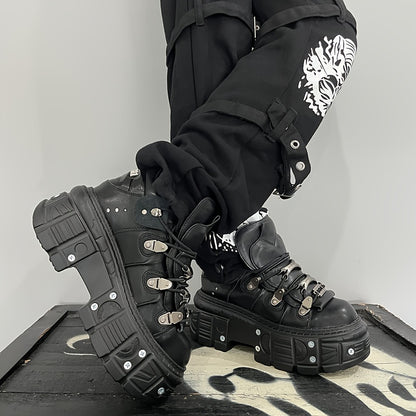 Women's gothic black high-top sneakers with platform heel, round toe, lace-up closure, non-slip sole, metal decoration, and thick high heel sole.