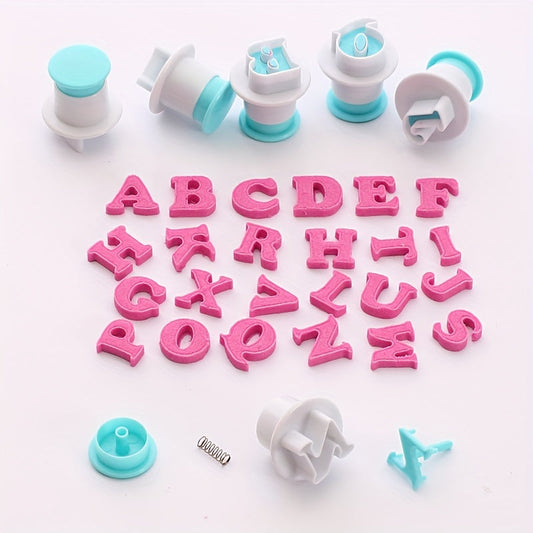 Set of 26 baking pastry molds including uppercase and lowercase alphabet letters, numbers, and cookie fondant cutters. Perfect for creating baked goods and decorating cakes and cupcakes.