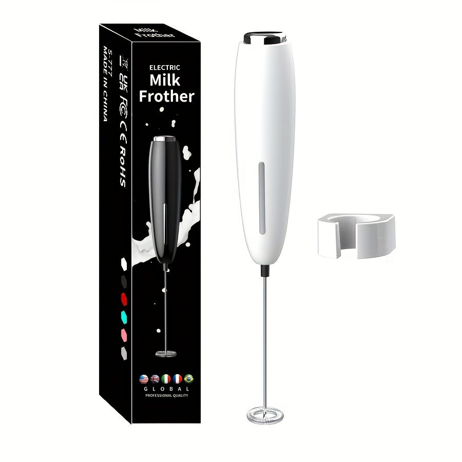 Battery operated handheld milk frother for creating creamy foam in drinks, perfect for coffee and cappuccinos.