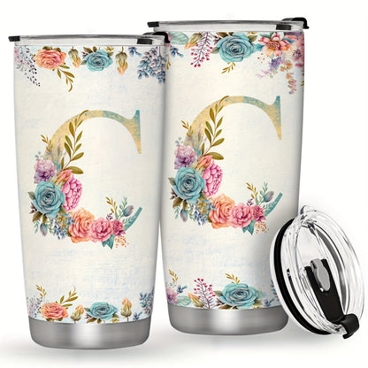 20oz Stainless Steel Tumbler with Initial Monogram, Floral Design, Leak Proof Lid, Perfect for Outdoor Activities, Great Gift for Holidays.