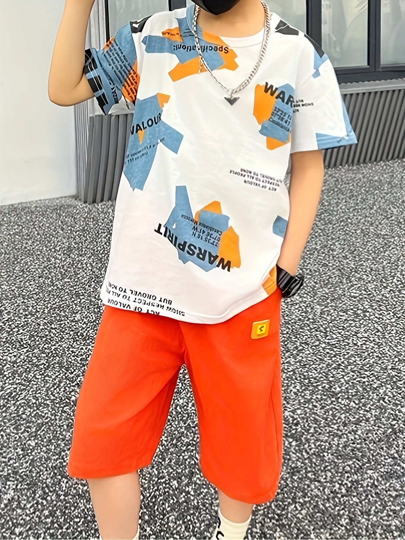 Boys' Summer Sporty Cotton Set with Letter Print - Machine Washable, Ideal for Outdoors