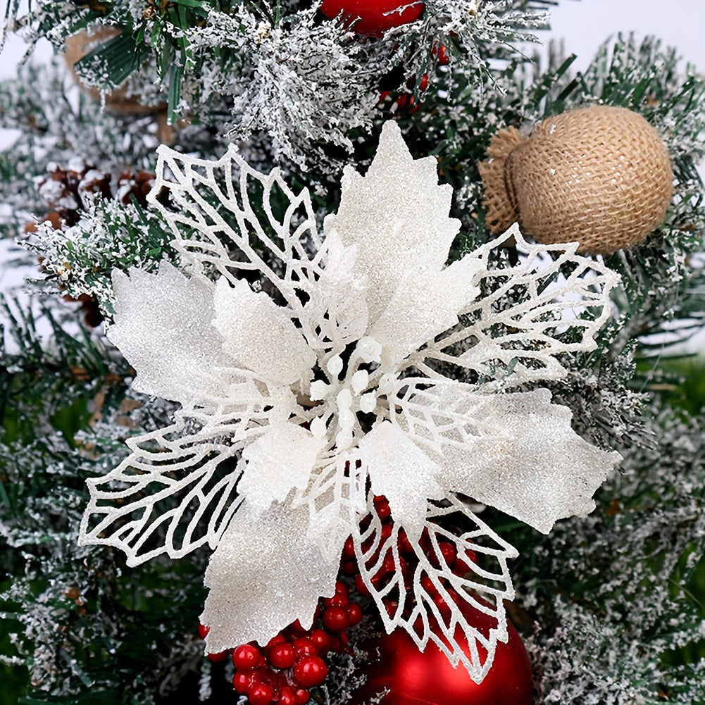 10 artificial Christmas flowers, 9cm/3.54in, glitter tree ornaments made of polyester and plastic. Suitable for home, kitchen, parties, and First Communion. No power required, festive holiday decoration.