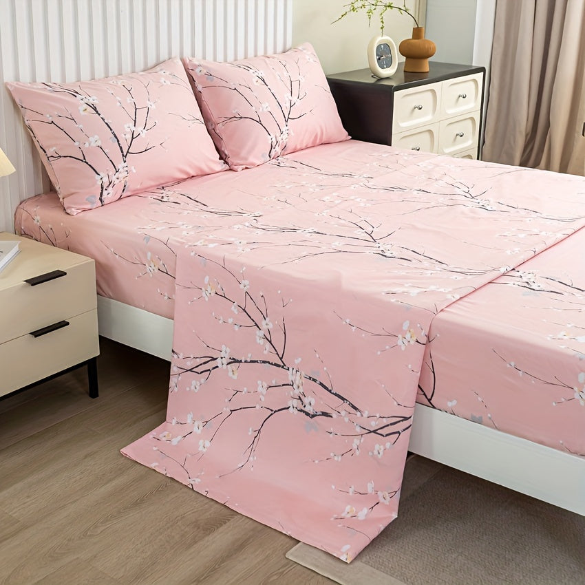 Floral Branch Fitted Sheet Set with 4 pieces, made of soft microfiber with deep pocket fitted sheet and included pillowcases. No core.