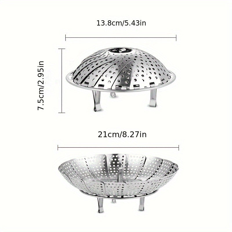 Multi-functional stainless steel steamer rack that can be expanded or folded for convenient storage, great for steaming a variety of foods such as buns, eggs, and fruits. A must-have kitchen gadget for use at home, in dorms, or during holidays.