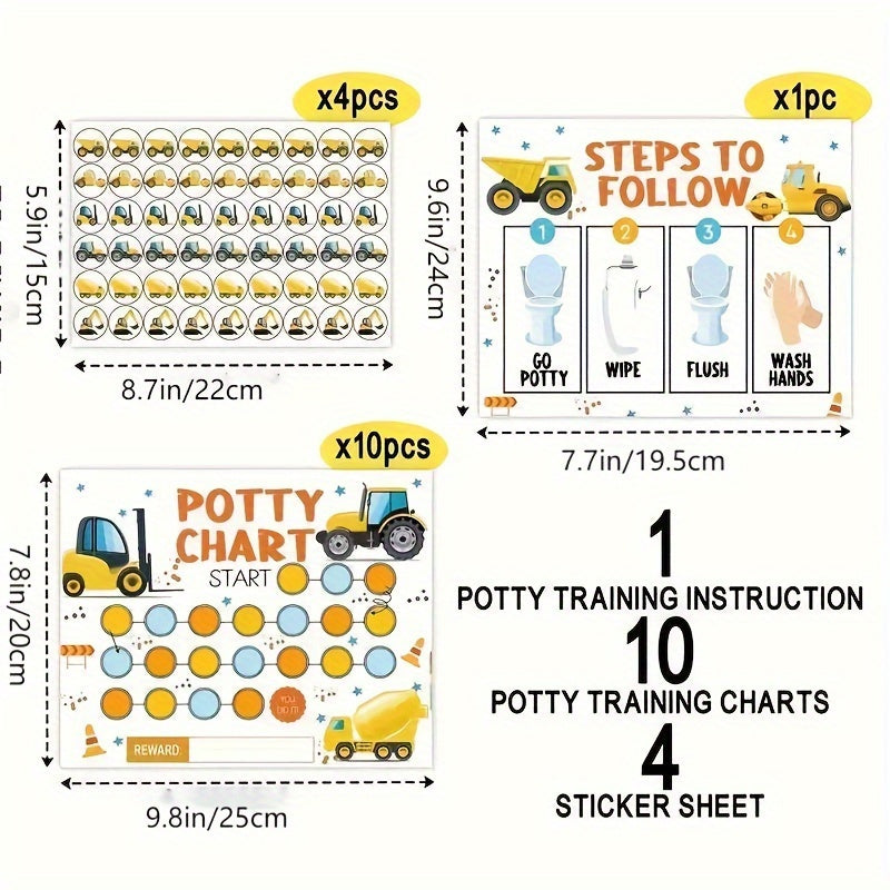 Charming Excavator Potty Training Chart Featuring Adorable Stickers, Simple Construction Truck Toilet Training Schedule with Step-by-Step Instructions & Fun Stickers