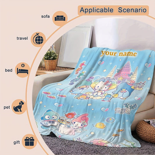 Customize your own adorable Cartoon Hello Kitty Underwater World Blanket. This cozy Flannel Blanket is perfect for staying warm and comfortable. Use it as a decorative piece in any room or give it as a thoughtful gift suitable for all seasons.