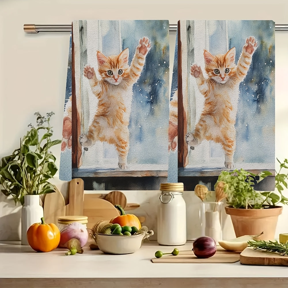 This set includes 2 ultra-soft kitchen towels with a playful kitten jumping onto a windowsill design. These highly absorbent dish towels are great for holiday decoration and can be easily machine washed. Each towel measures 40.64x60.96 cm.