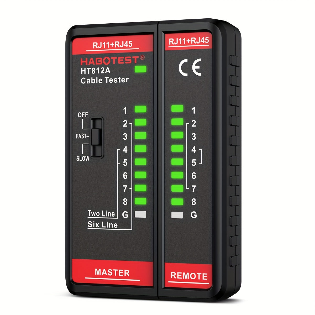 Battery powered HABOTEST Network Cable Tester for RJ45/RJ11/RJ12 CAT5/CAT5E/CAT6/CAT6A.进行连续性和布线测试。Dual-purpose for Ethernet and telephone lines, without battery.