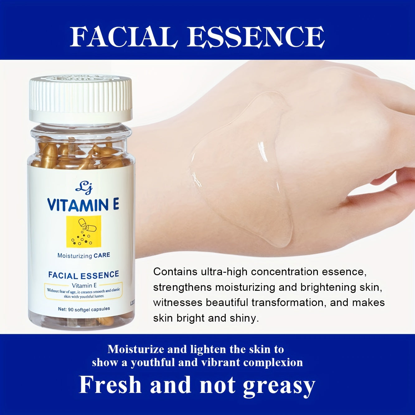 90 capsules of Vitamin E face serum, suitable for all skin types, provide gentle moisturizing, lifting, firming, and softening effects.