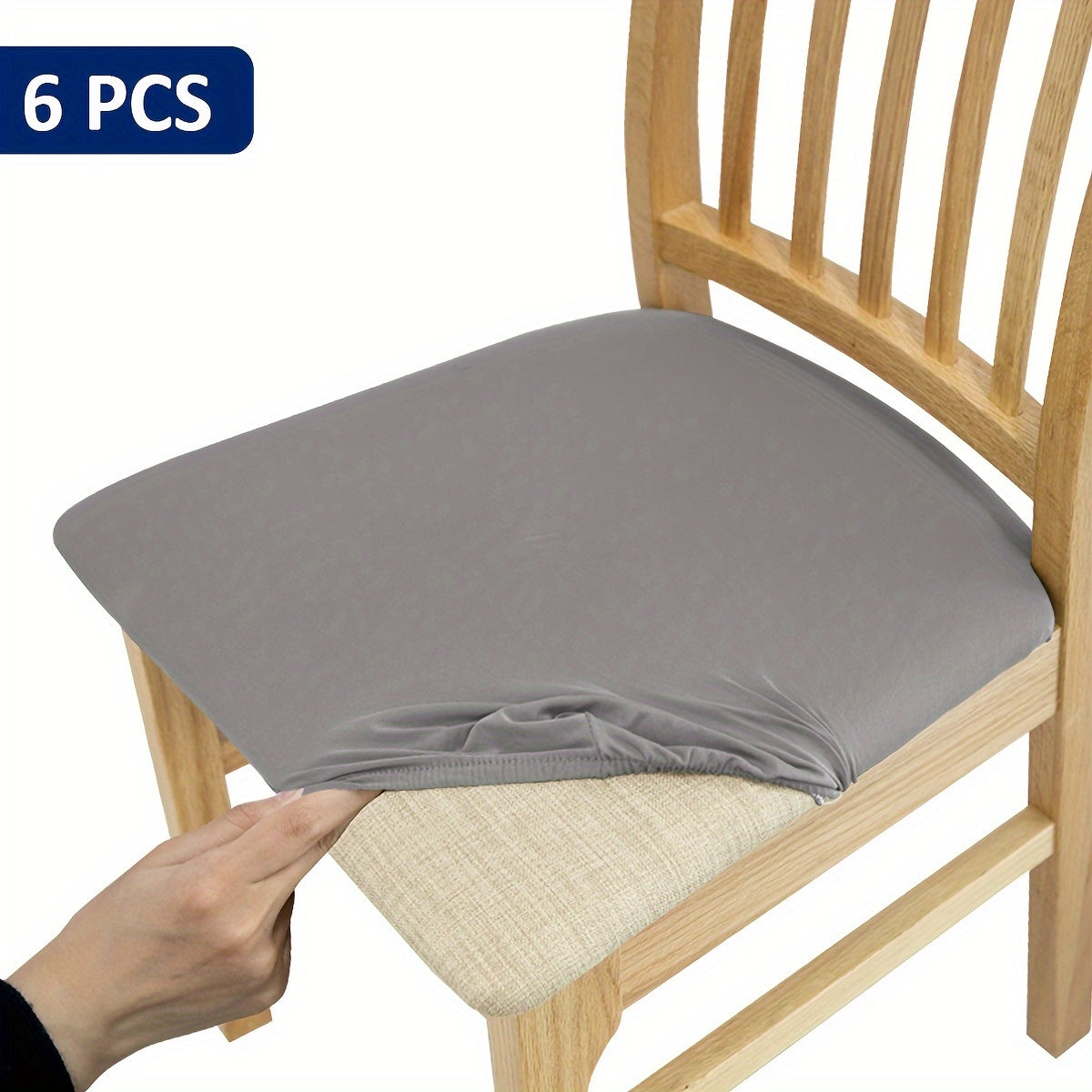 4/6 piece elastic chair cushion cover in various solid colors. Easy to install and ideal for protecting furniture in living rooms, kitchens, and restaurants.