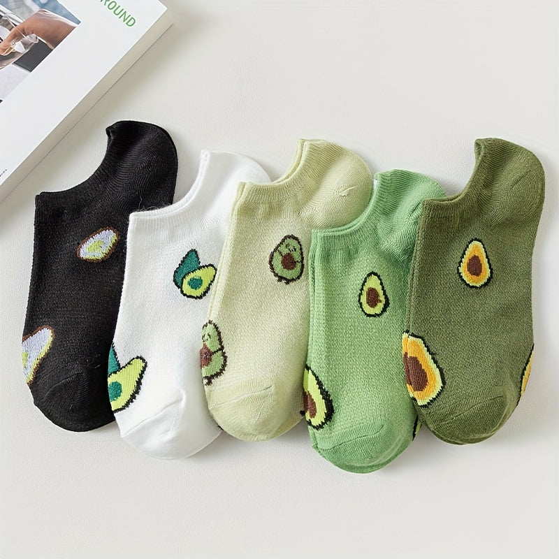 5 pairs of avocado print ankle socks for women, soft and lightweight.