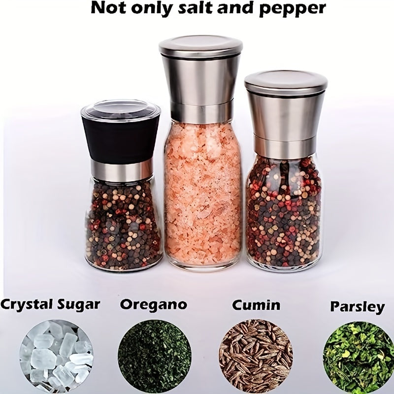 Set of 2 Reusable Glass Pepper and Sea Salt Grinders - Manual Spice Crushers for BBQ, Picnics, Camping, Kitchen Gadgets, and Back to School Supplies Kitchen Accessories