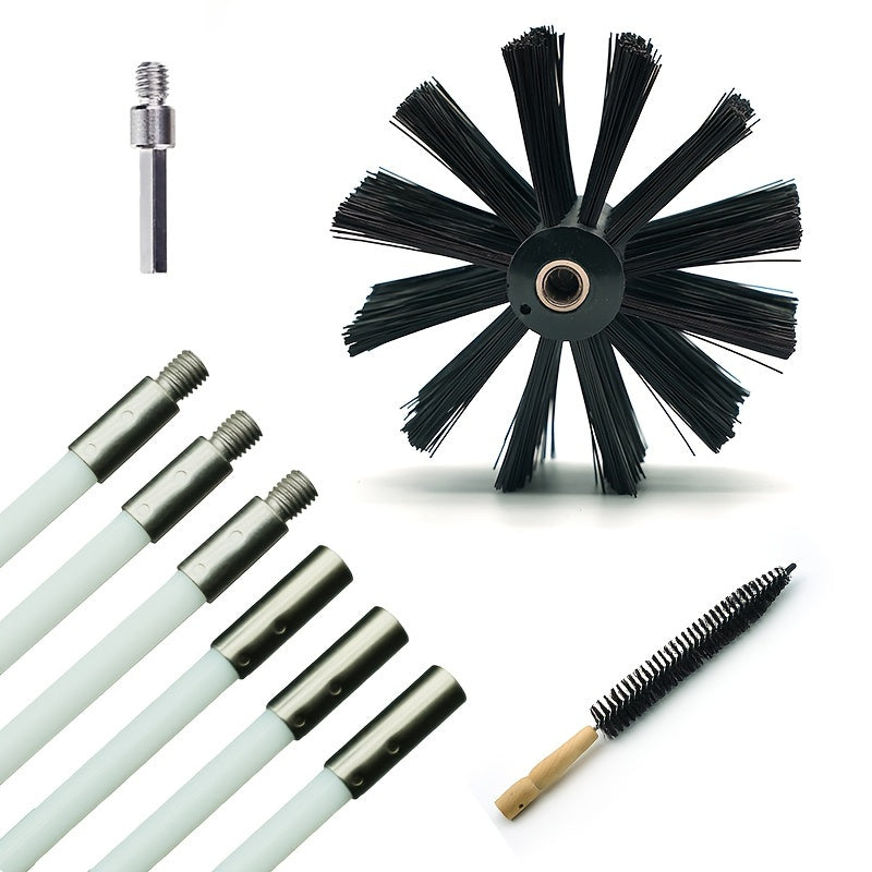 Chimney Brush Set includes 9 durable pieces, featuring an extended reach of 243.84cm and a 4-inch brush head. This reusable metal vent cleaning kit is equipped with soft nylon bristles and a wooden handle for corner cleaning. Also includes a drill