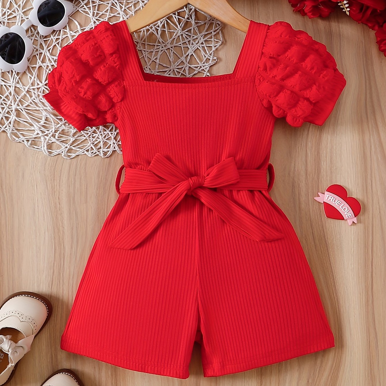 Chic short bubble sleeve romper with belt for Spring/Summer