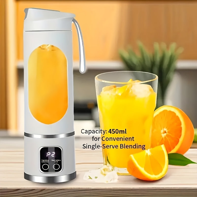 A versatile USB charging juicer blender with a digital display. Features include a 15.2 ounce capacity, 12 blades for powerful blending, 3 gears for customizing textures, ice crushing capability, low noise operation, easy cleaning, long battery life