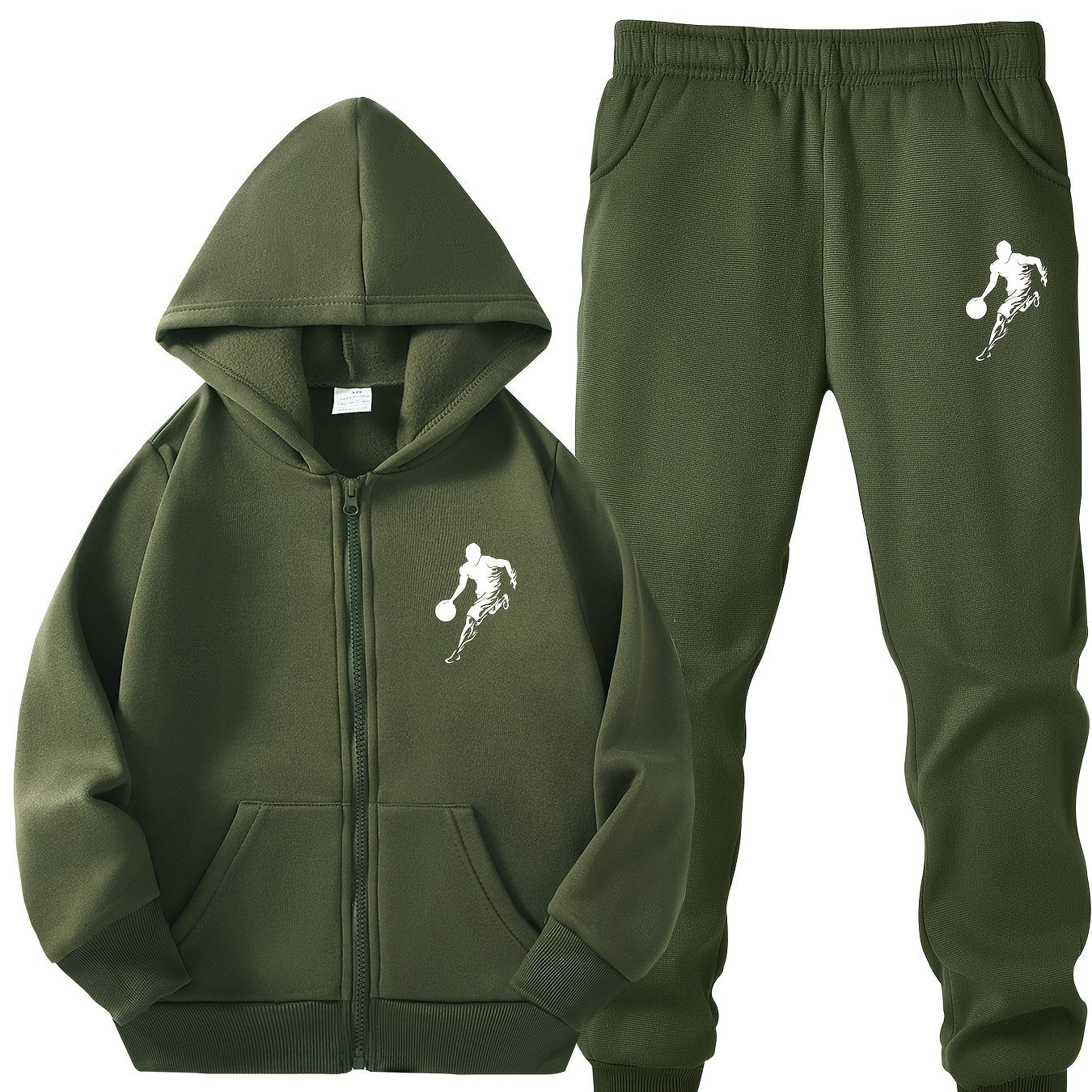 Boys' Basketball Player Print Hoodie & Jogger Set - Black, Polyester, Zip & Pockets, Great for Everyday & Sports, Perfect for Outdoors