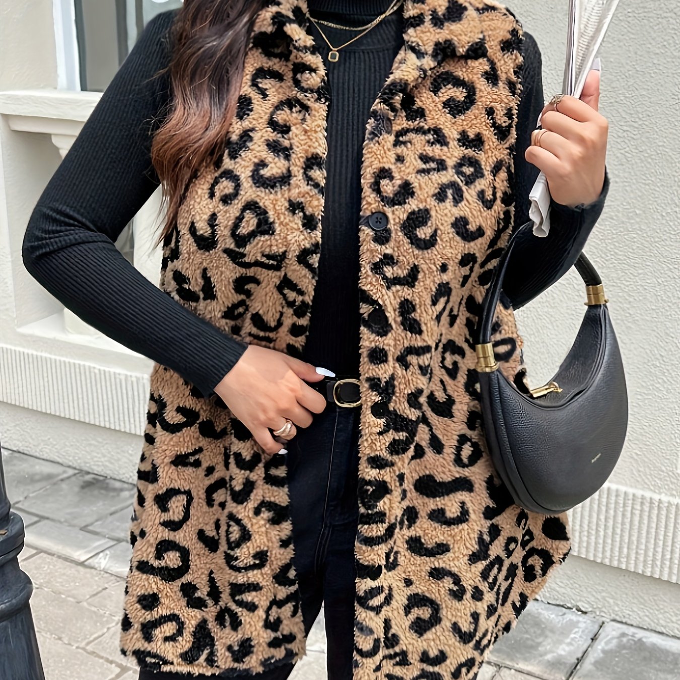 Leopard print button front teddy vest for plus size women, perfect for fall & winter